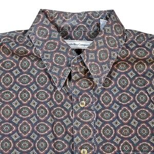 Vintage 90s Mens Medallion Print Cotton Button Down Shirt Navy Green M Grandpa